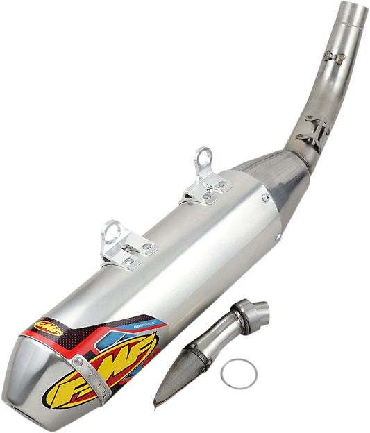 FMF Q4 HEX lightweight off-road motorcycle muffler and exhaust system with sleek design and metallic finish.