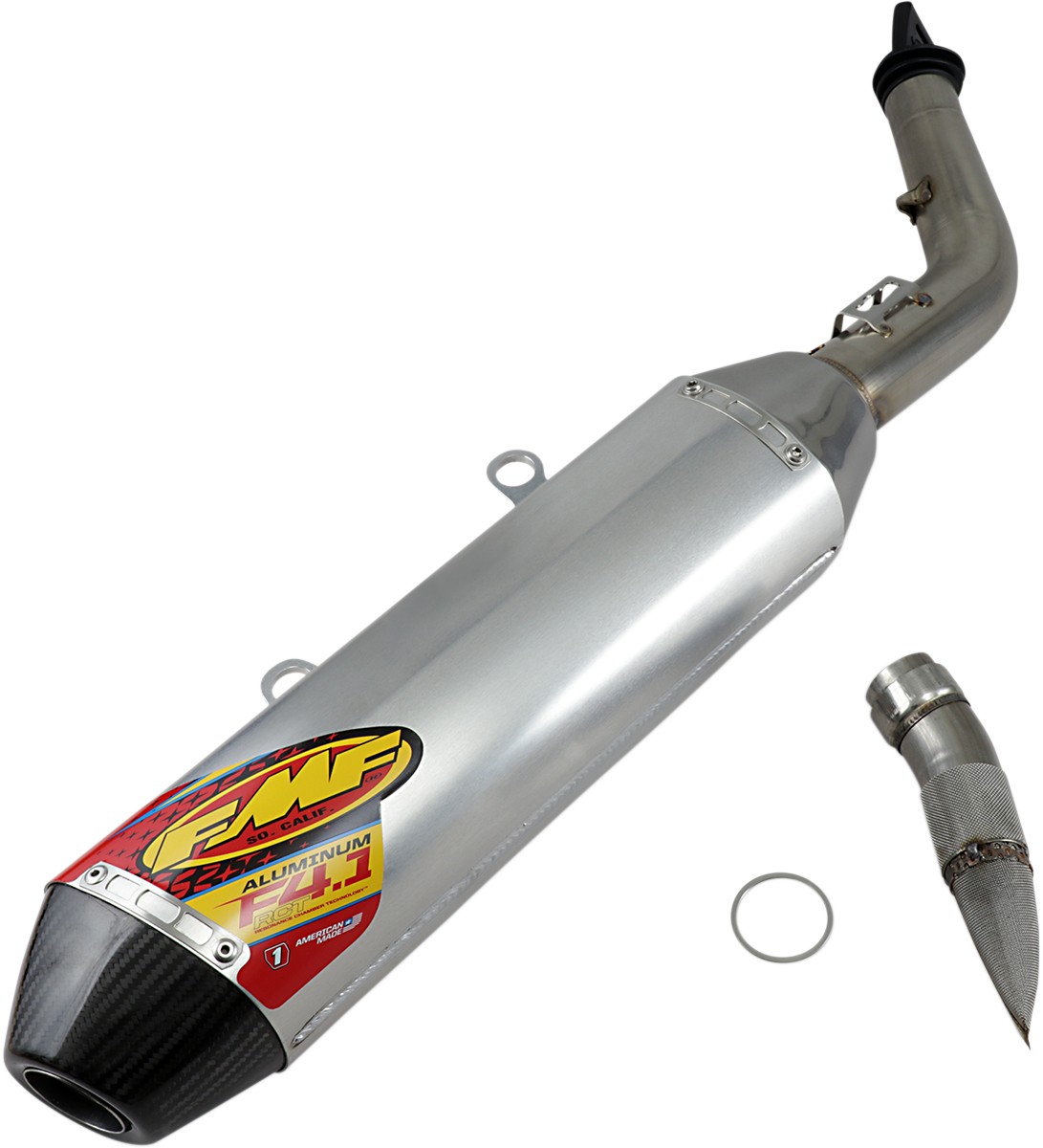 Aluminum FMF Factory 4.1 RCT muffler with sleek design and branding, designed for motorcycle exhaust systems.