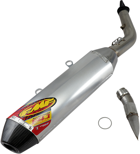 Aluminum FMF Factory 4.1 RCT muffler with sleek design and branding, designed for motorcycle exhaust systems.