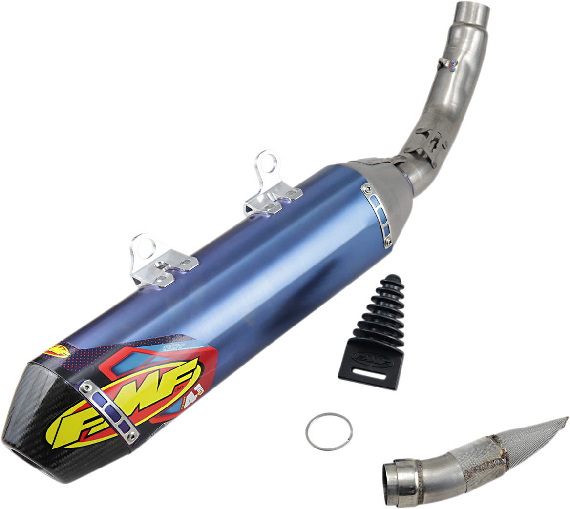 FMF Factory 4.1 RCT titanium muffler with anodized finish, showcasing sleek design and branding on a motorcycle exhaust component.