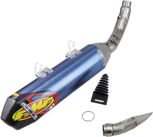 FMF Factory 4.1 RCT titanium muffler with anodized finish, showcasing sleek design and branding on a motorcycle exhaust component.