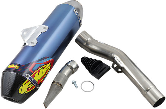 FMF Factory 4.1 RCT muffler in anodized titanium with sleek design, showcasing its lightweight and high-performance motorcycle exhaust system.