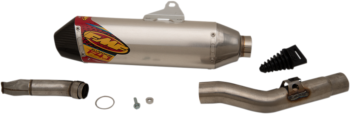 FMF Factory 4.1 RCT aluminum motorcycle muffler, part number 043372, shown with sleek silver finish and exhaust outlet.