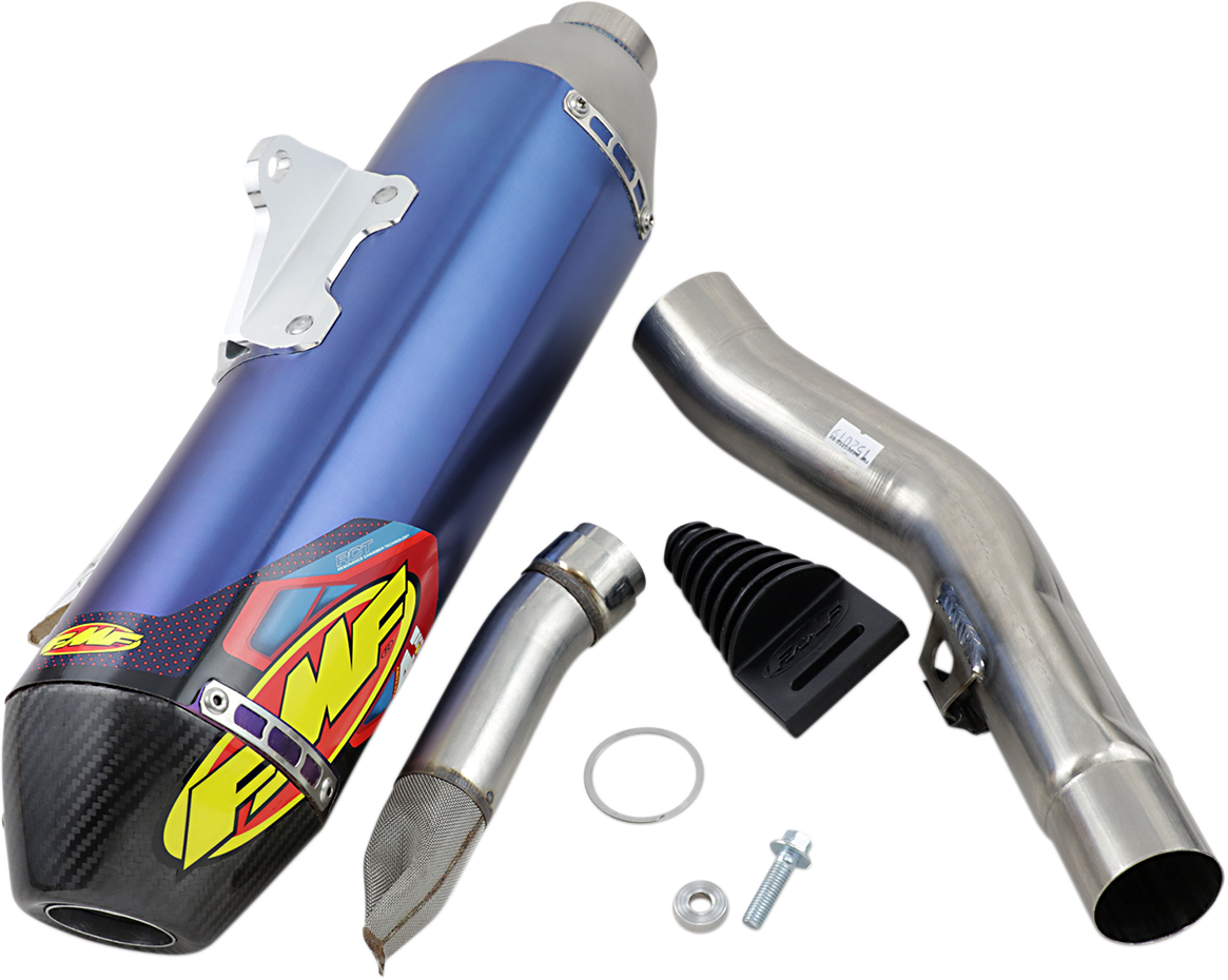 FMF Factory 4.1 RCT Titanium Muffler with anodized finish, showcasing its sleek, durable design for enhanced motorcycle performance.