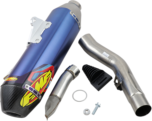 FMF Factory 4.1 RCT Titanium Muffler with anodized finish, showcasing its sleek, durable design for enhanced motorcycle performance.
