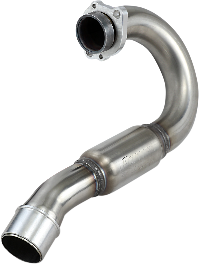 FMF PowerBomb motorcycle exhaust header in metallic finish, high-performance design for enhanced engine flow and power.