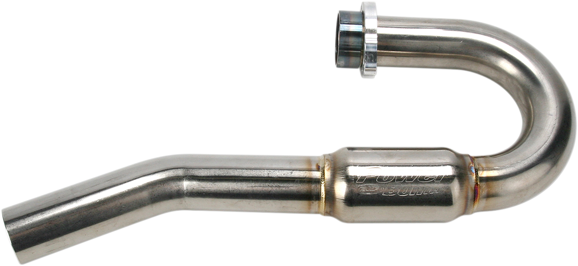 FMF PowerBomb header for improved exhaust performance, showing a shiny motorcycle exhaust header with mounting points.