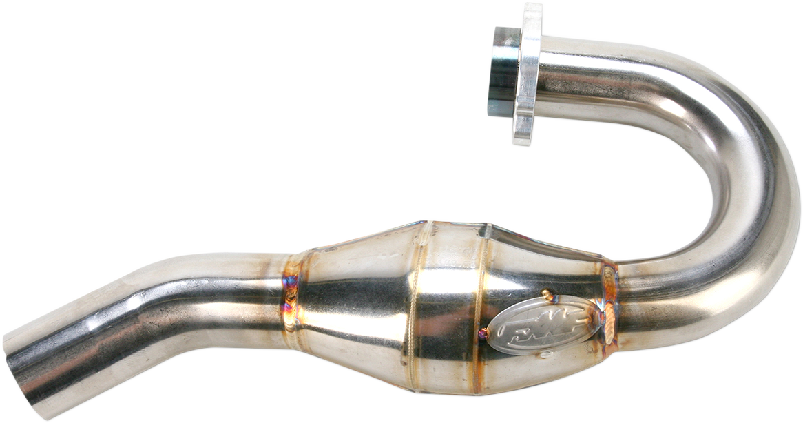 FMF MegaBomb titanium header for motorcycle, showcasing durable construction and enhanced power in a sleek metallic finish.