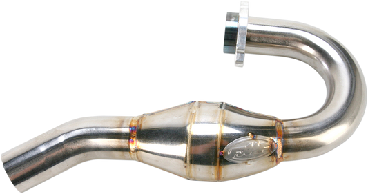 FMF MegaBomb titanium header for motorcycle, showcasing durable construction and enhanced power in a sleek metallic finish.