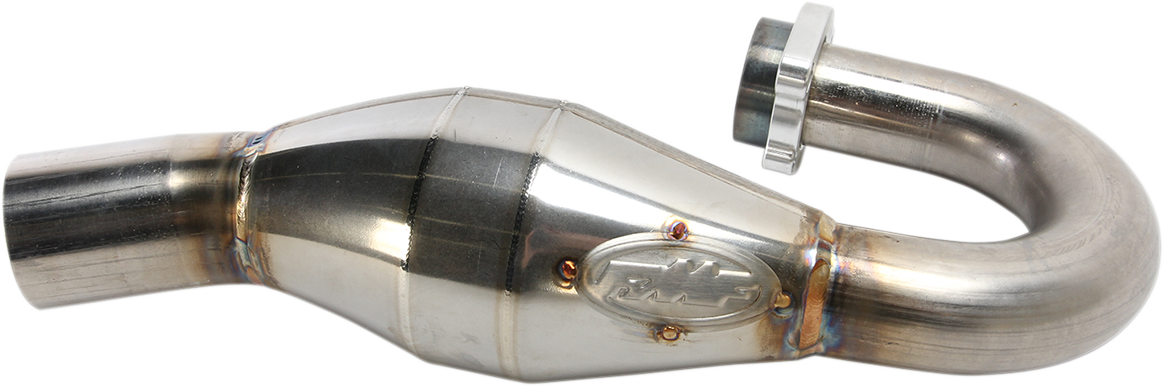 FMF MegaBomb stainless steel motorcycle header pipe showcasing polished metal finish and durable construction.
