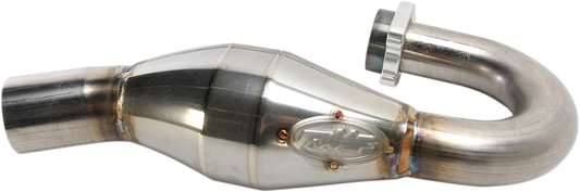 FMF MegaBomb stainless steel motorcycle header pipe showcasing polished metal finish and durable construction.
