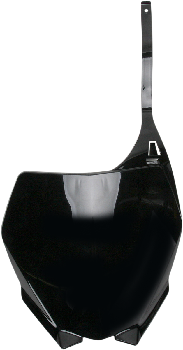 Black ACERBIS front number plate for YZ125/250 motocross bikes, shown with mounting details and brand logo.