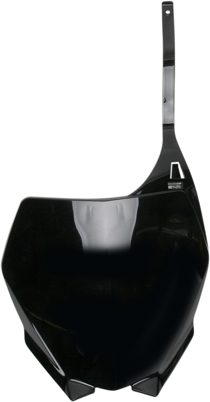 Black ACERBIS front number plate for YZ125/250 motocross bikes, shown with mounting details and brand logo.