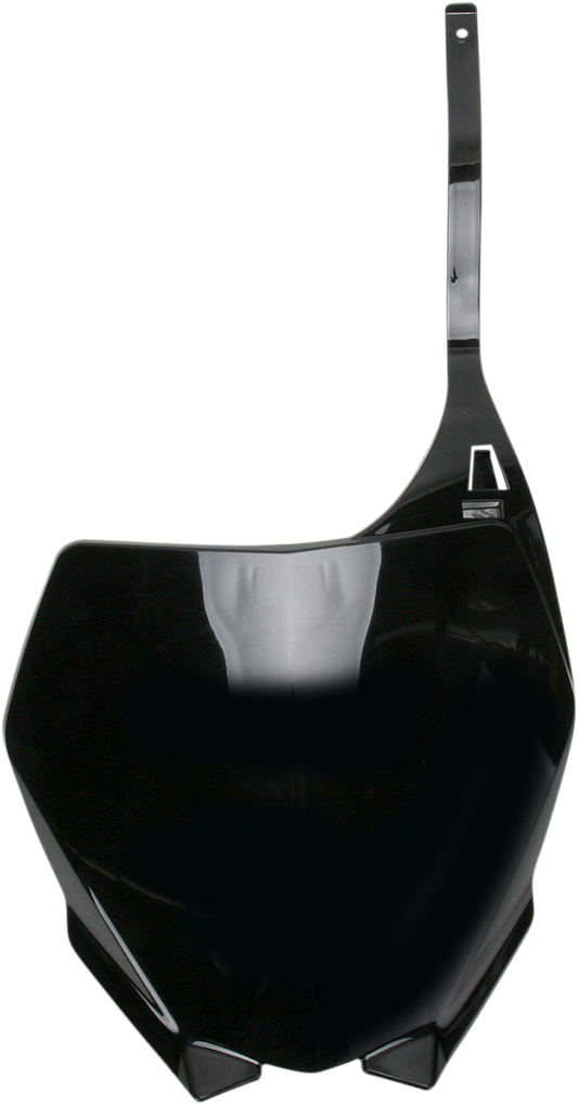 Black ACERBIS front number plate for YZ125/250 motocross bikes, shown with mounting details and brand logo.