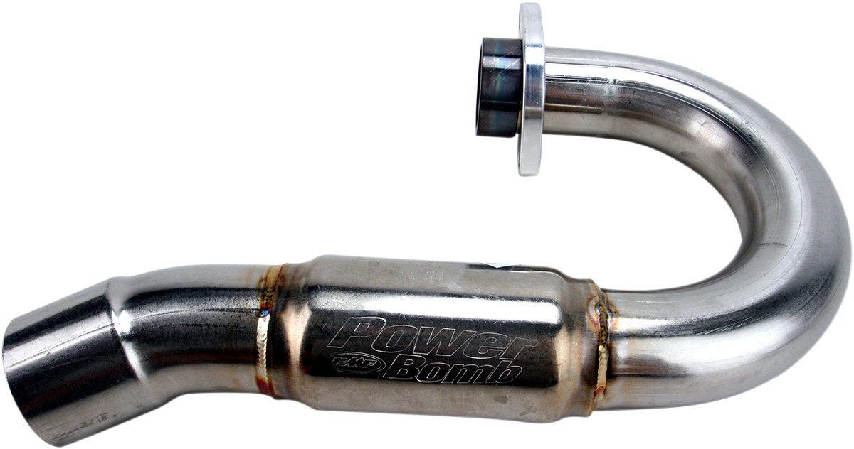 FMF PowerBomb header for motorcycle exhaust, featuring a metallic finish and optimized design for improved performance and sound.