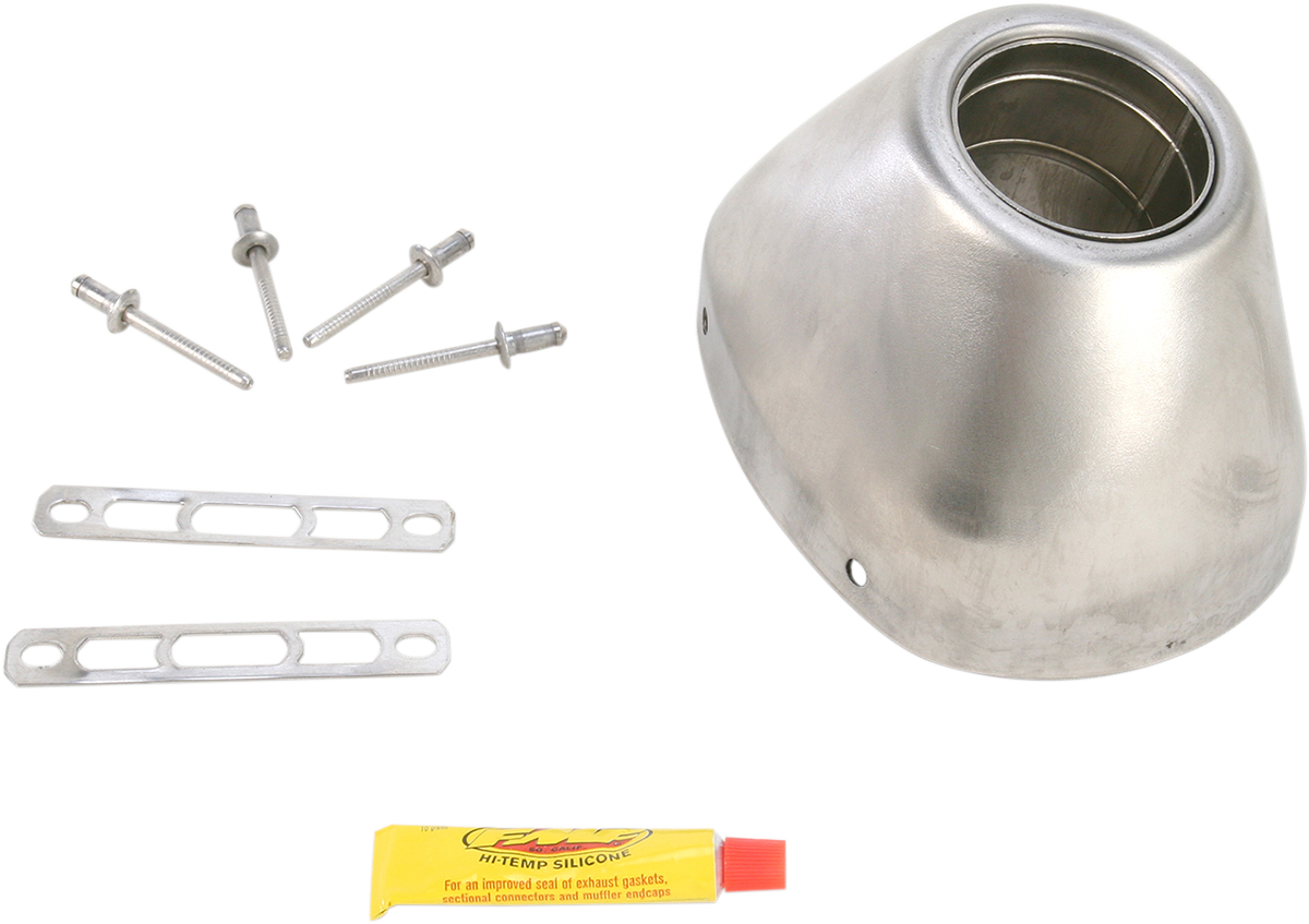 FMF stainless steel replacement end cap kit for exhaust systems, part no. 040641, shown with multiple end caps for motorcycle or ATV.