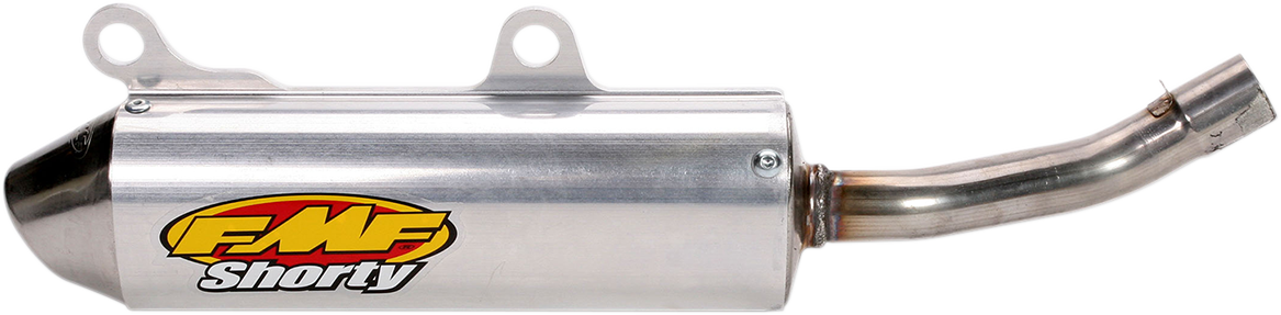 FMF Powercore 2 Shorty silencer part for Supercross motorcycles, shows a sleek, compact exhaust muffler with mounting hardware.