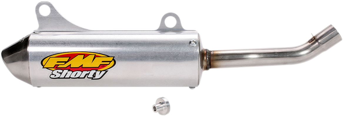 FMF Powercore 2 Shorty Silencer for Supercross motorcycle, showcasing its compact design and exhaust outlet on a racing bike.