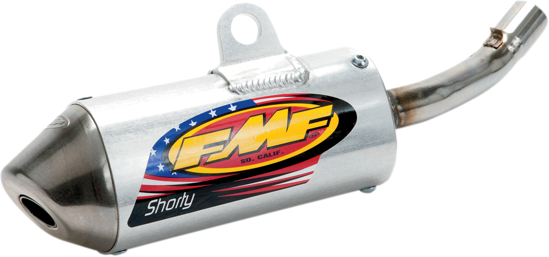 FMF Powercore 2 Shorty Silencer for Superior Supercross Performance, showing the compact motorcycle exhaust muffler.