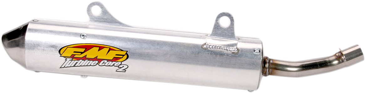 FMF Turbinecore 2 motorcycle silencer part #021017 installed on exhaust system, showing sleek aluminum finish and mounting details.