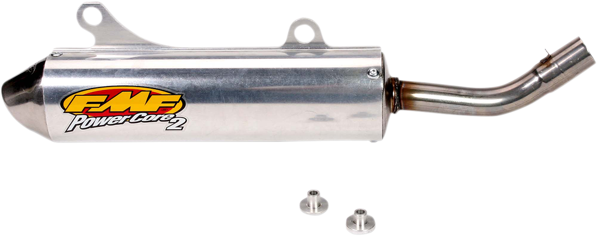 FMF Powercore 2 Silencer for 2-stroke motorcycles, showing a sleek, high-performance motorcycle exhaust muffler with branding details.