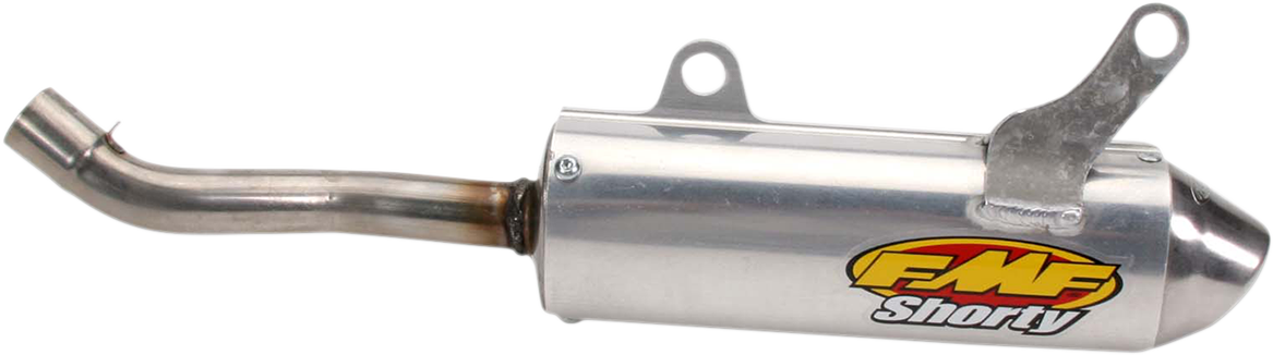 FMF Powercore 2 Shorty Silencer for Supercross motorcycles, showing the lightweight, polished exhaust tip and mounting details.