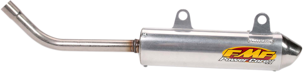 FMF Powercore 2 Silencer for 2-stroke motorcycles, high-performance exhaust system with sleek metal finish and compact design.
