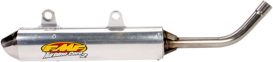 FMF Turbinecore 2 silencer part for off-road motorcycles, showing the metallic exhaust component with mounting brackets.