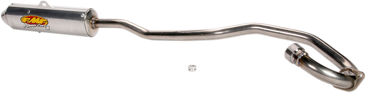 FMF Powercore 4 motorcycle exhaust with Hi-Flo end cap, featuring a sleek metal finish and branded logo on the side.