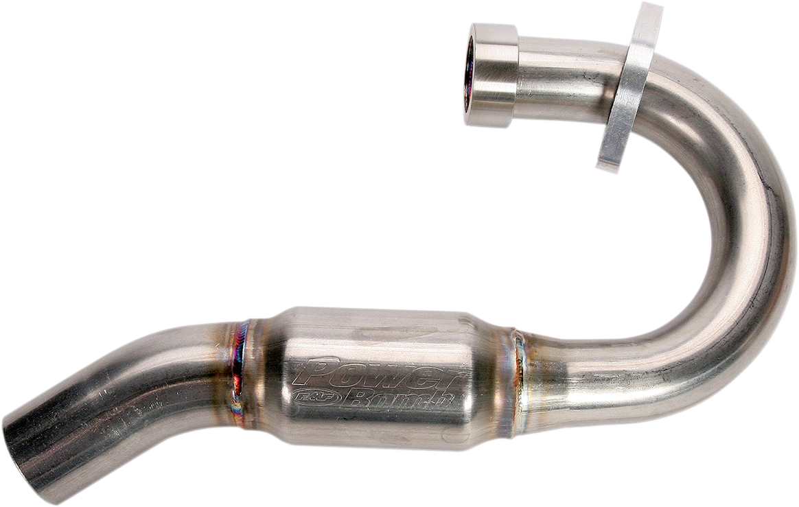 FMF PowerBomb motorcycle exhaust header with polished metal finish, showcasing its high-performance design and sleek construction