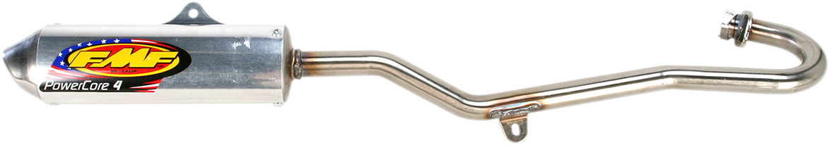 FMF Powercore 4 motorcycle exhaust with Hi-Flo end cap, showing the sleek, polished metal finish and mounting details.