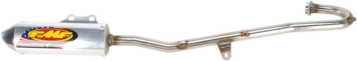 FMF Powercore 4 exhaust system with Hi-Flo end cap for off-road motorcycles, showing the sleek black exhaust and branding.