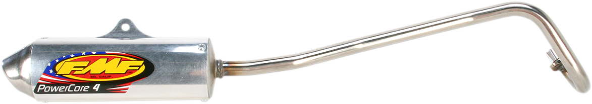 FMF Powercore 4 exhaust with Hi-Flo end cap for motorcycles, shown with sleek metal finish and detailed branding.
