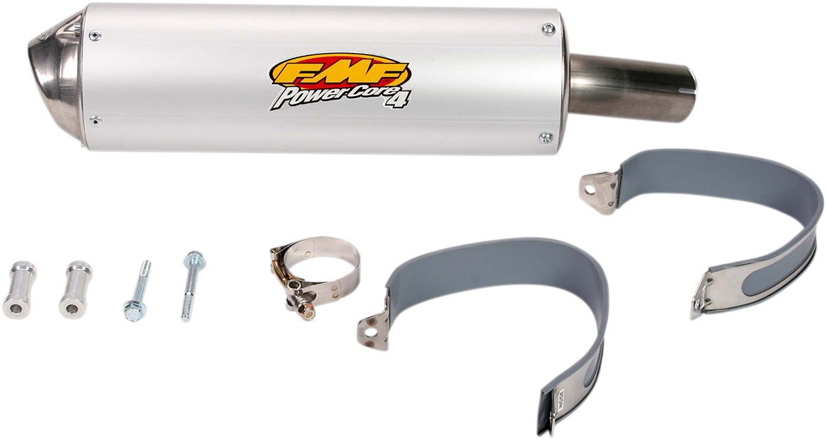 FMF PowerCore 4 muffler for high-performance motorcycle exhaust system, showcasing its sleek design and durable construction
