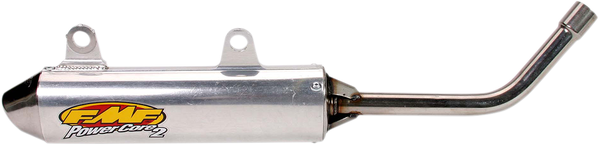 FMF Powercore 2 Silencer for 2-stroke motorcycles, featuring elliptical body and performance flow end cap.