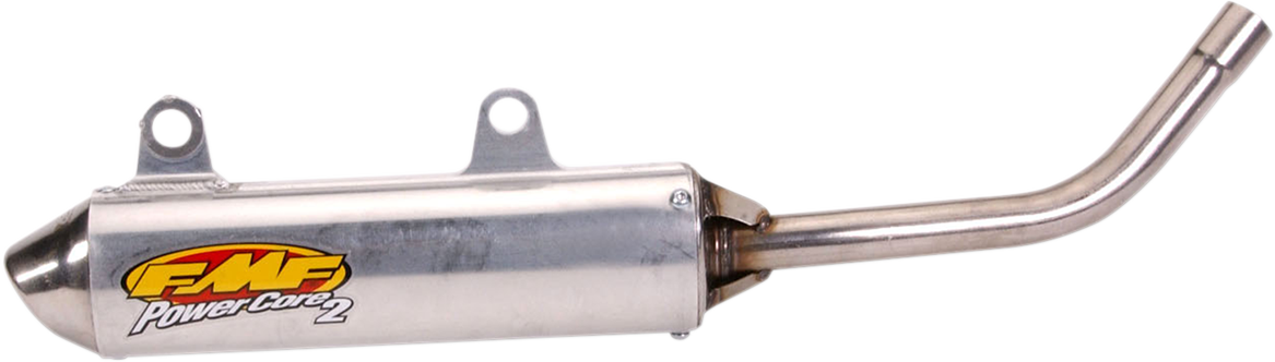 FMF Powercore 2 Silencer for 2-stroke motorcycles, showcasing sleek black design and mounting hardware for optimal exhaust performance.