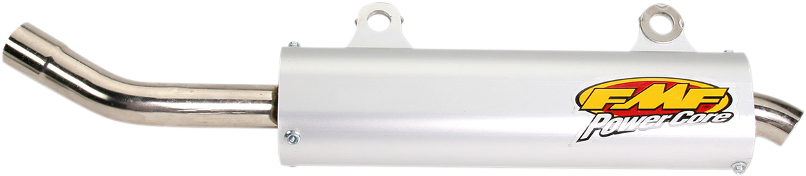 FMF Powercore Silencer motorcycle exhaust with deep tone and high performance, shown on a dirt bike.