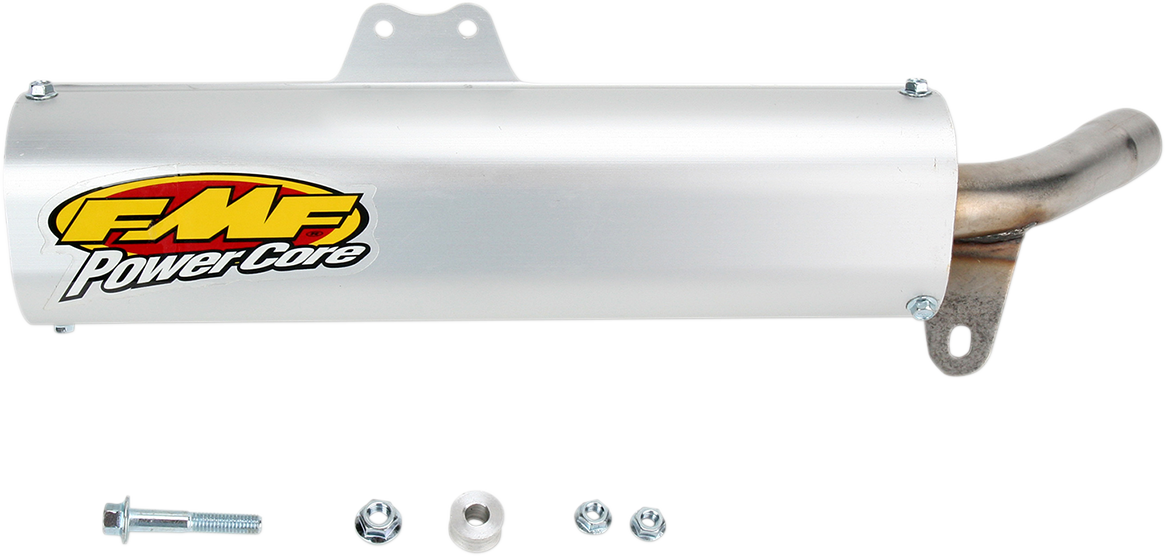FMF Powercore Silencer motorcycle exhaust made of lightweight aluminum, shown in the image with a sleek, compact design.