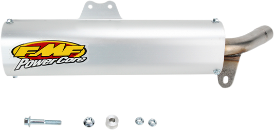 FMF Powercore Silencer motorcycle exhaust made of lightweight aluminum, shown in the image with a sleek, compact design.
