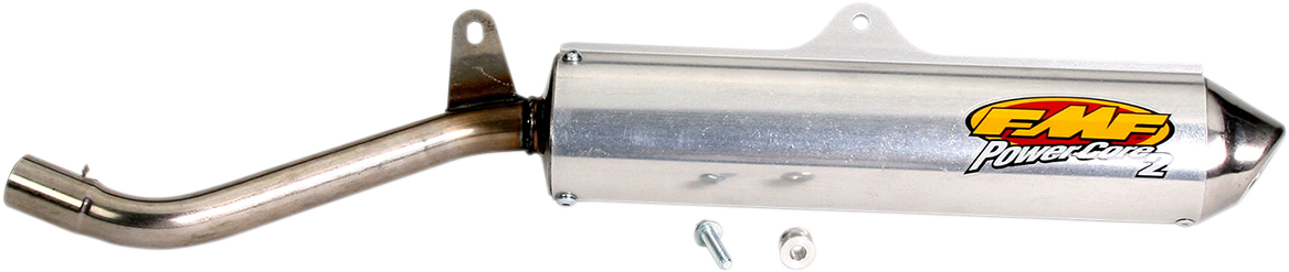 FMF Powercore 2 Silencer for 2-stroke engines, showing the compact exhaust silencer with logo and mounting details.