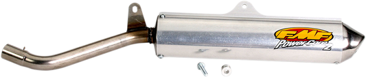 FMF Powercore 2 Silencer for 2-stroke engines, showing the compact exhaust silencer with logo and mounting details.