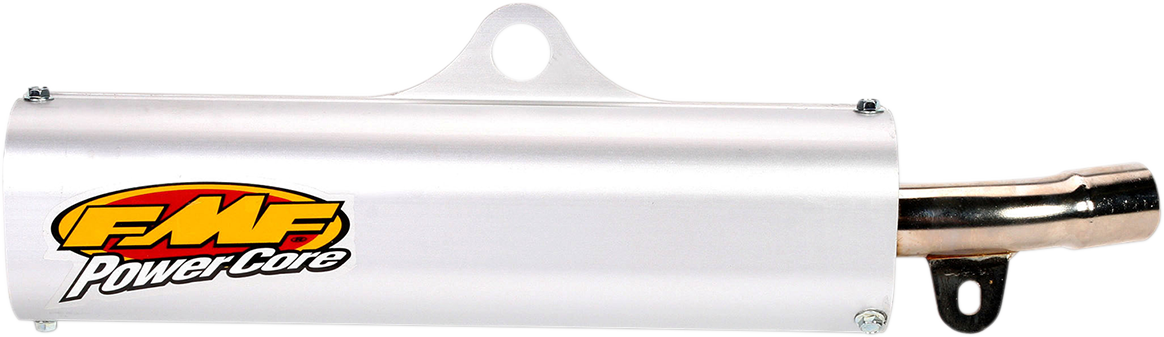 FMF Powercore Silencer for motorcycle exhaust system, showcasing the black metal canister with branding and deep sound design.