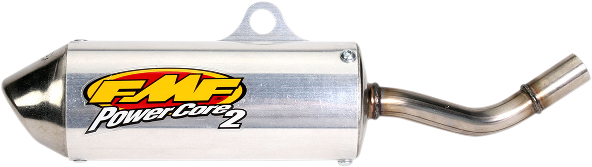 FMF Powercore 2 Silencer for 2-stroke off-road motorcycles, showcasing the high-performance exhaust with a sleek silver finish.