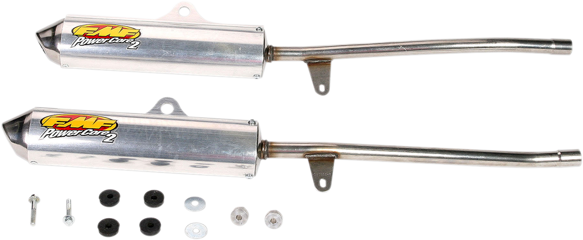 FMF Powercore 2 Silencer for 2-stroke motorcycles, featuring a performance flow end cap and durable metal construction.