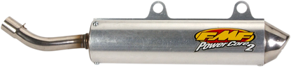 FMF Powercore 2 Silencer for 2-stroke engines, showcasing a high-performance motorcycle exhaust system in black and metallic finish.