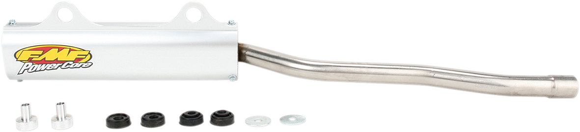 FMF Powercore Silencer for motorcycle exhaust system, showcasing the sleek black design and durable construction.