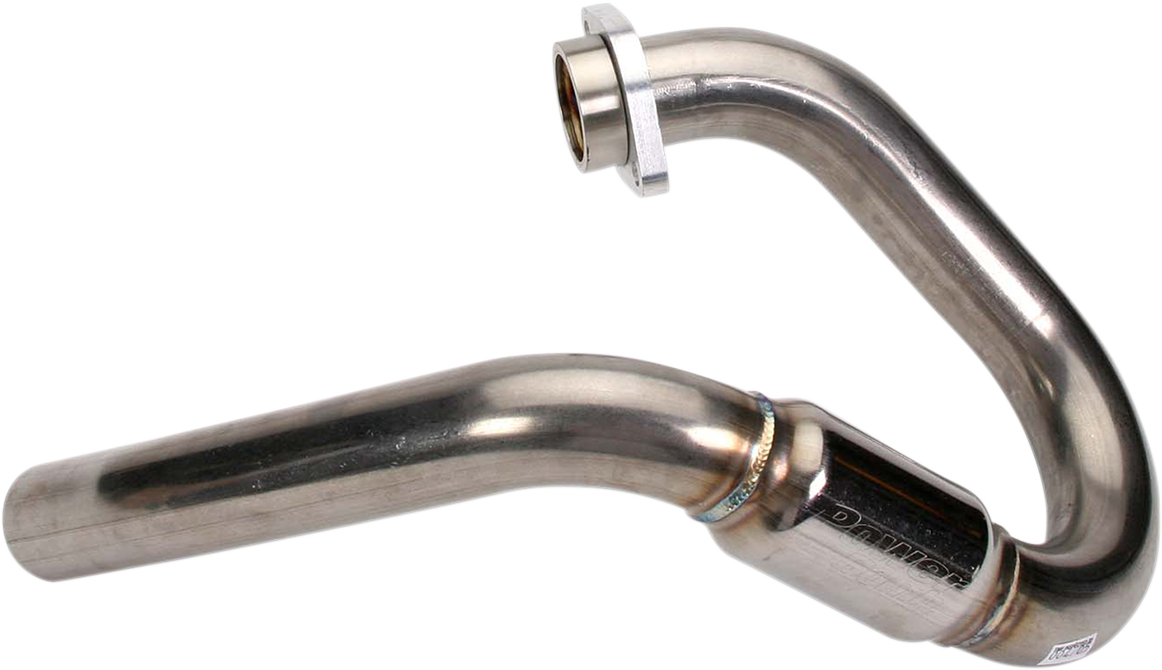 FMF PowerBomb header 040038 for motorcycle exhaust system showing the header pipe with welded joints and metallic finish.