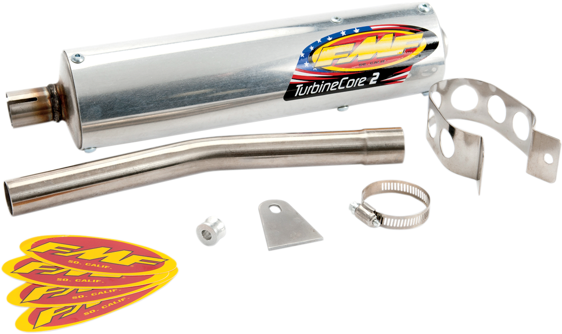 FMF TurbineCore 2 spark arrestor silencer for 80-125cc 2-stroke engines, showing the compact metal muffler design.