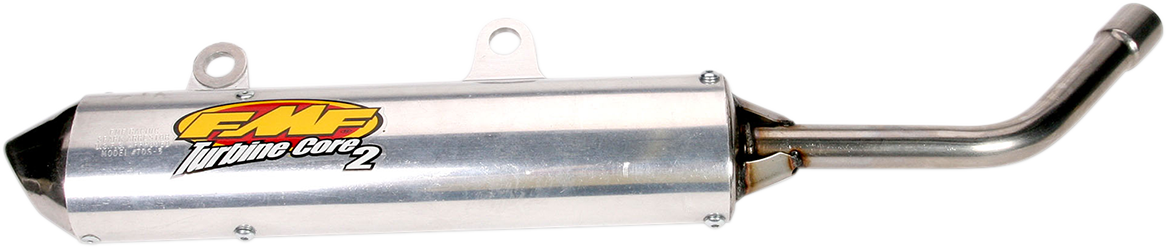 FMF Turbinecore 2 silencer part for enhanced exhaust performance, shown in the image with mounting details and black finish.