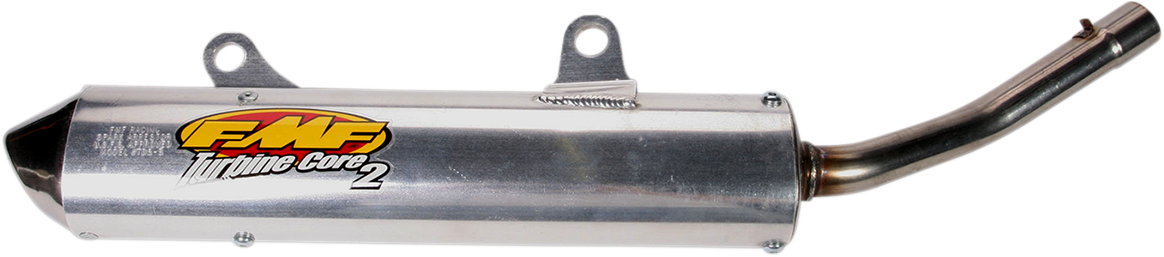 FMF Turbinecore 2 motorcycle silencer in black with silver accents, designed for improved performance and sound reduction.